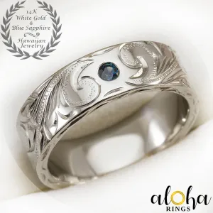 10K White Gold Wedding Ring Hand Engraved Hawaiian Heritage Design with Blue Sapphire Setting - 8x2mm, Flat Shape, Standard Fitment