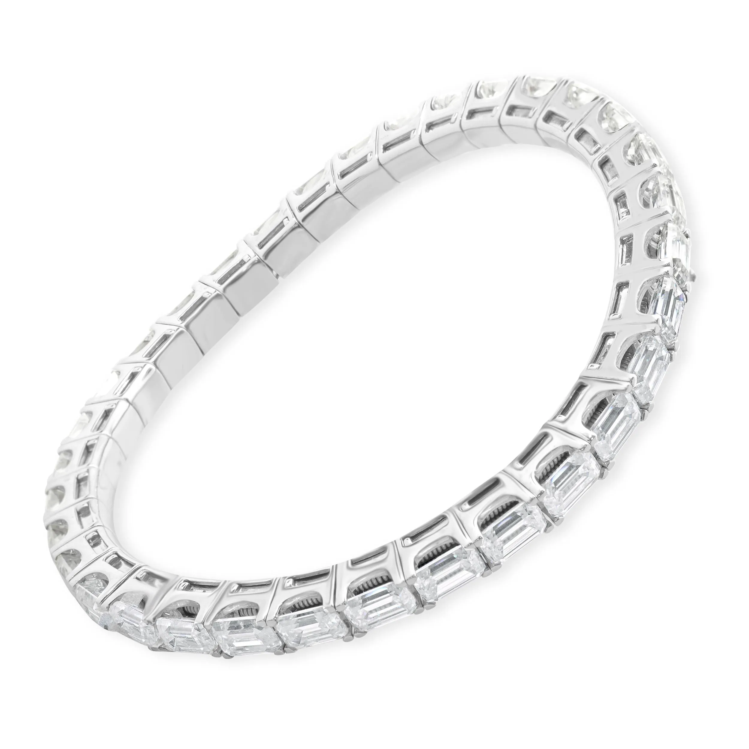 14 Karat White Gold Lab Grown Emerald Cut East-West Diamond Flex Bangle Bracelet