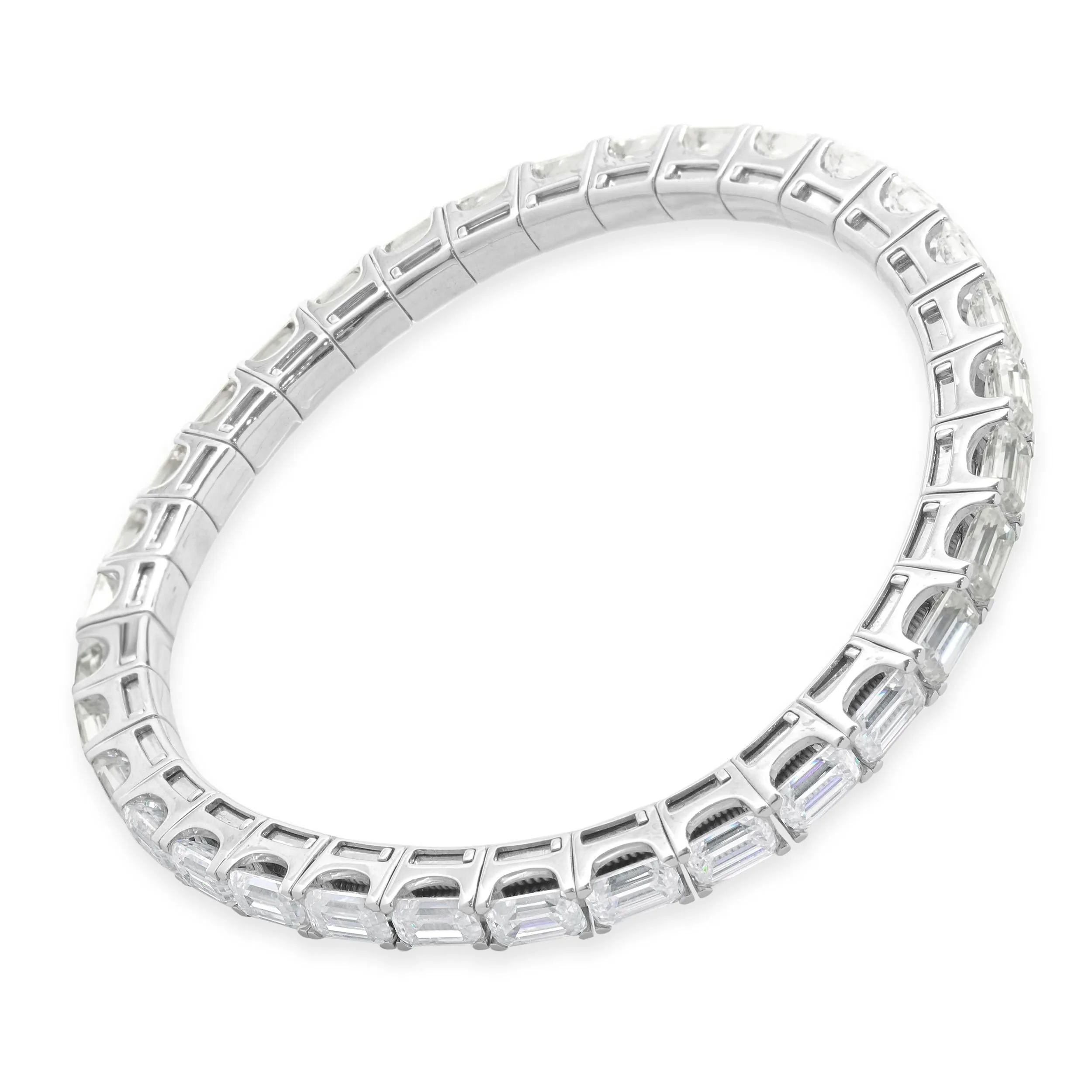 14 Karat White Gold Lab Grown Emerald Cut East-West Diamond Flex Bangle Bracelet