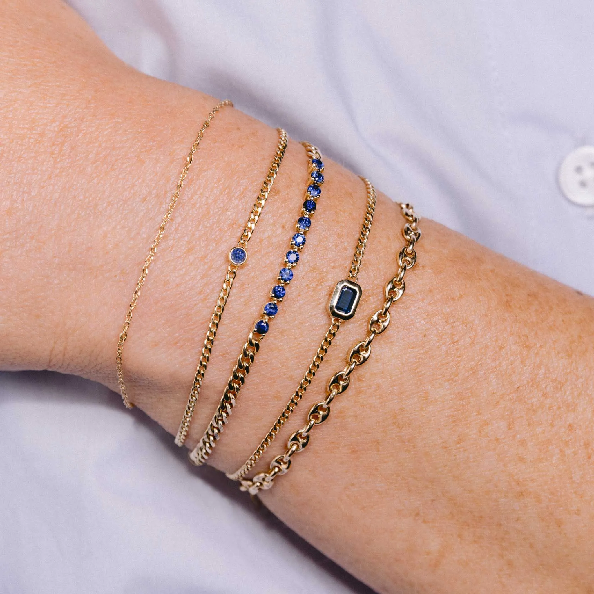 14k Blue Sapphire Bezel XS Curb Chain Bracelet