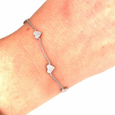 14K Diamond Pave Heart Station Bracelet White Gold