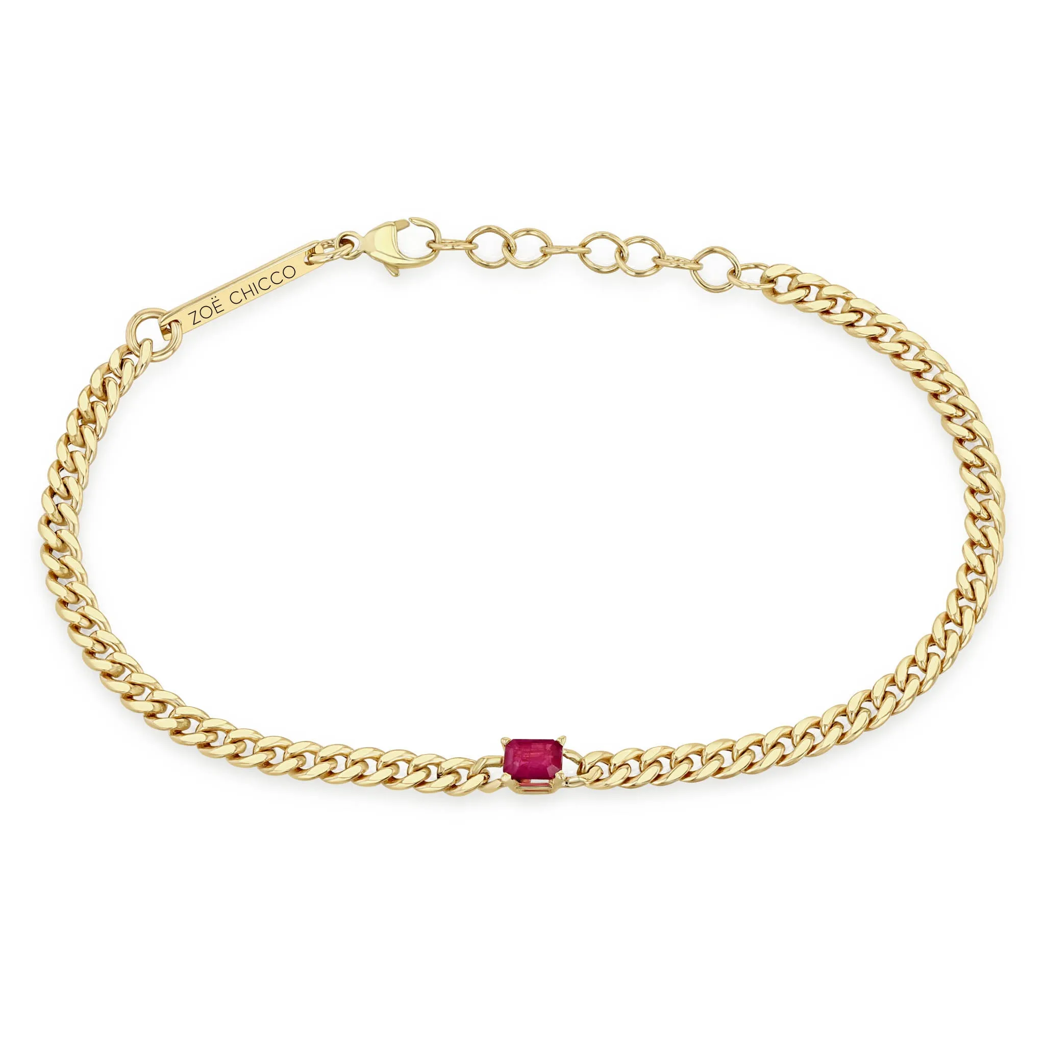 14k Emerald Cut Ruby Small Curb Chain Bracelet