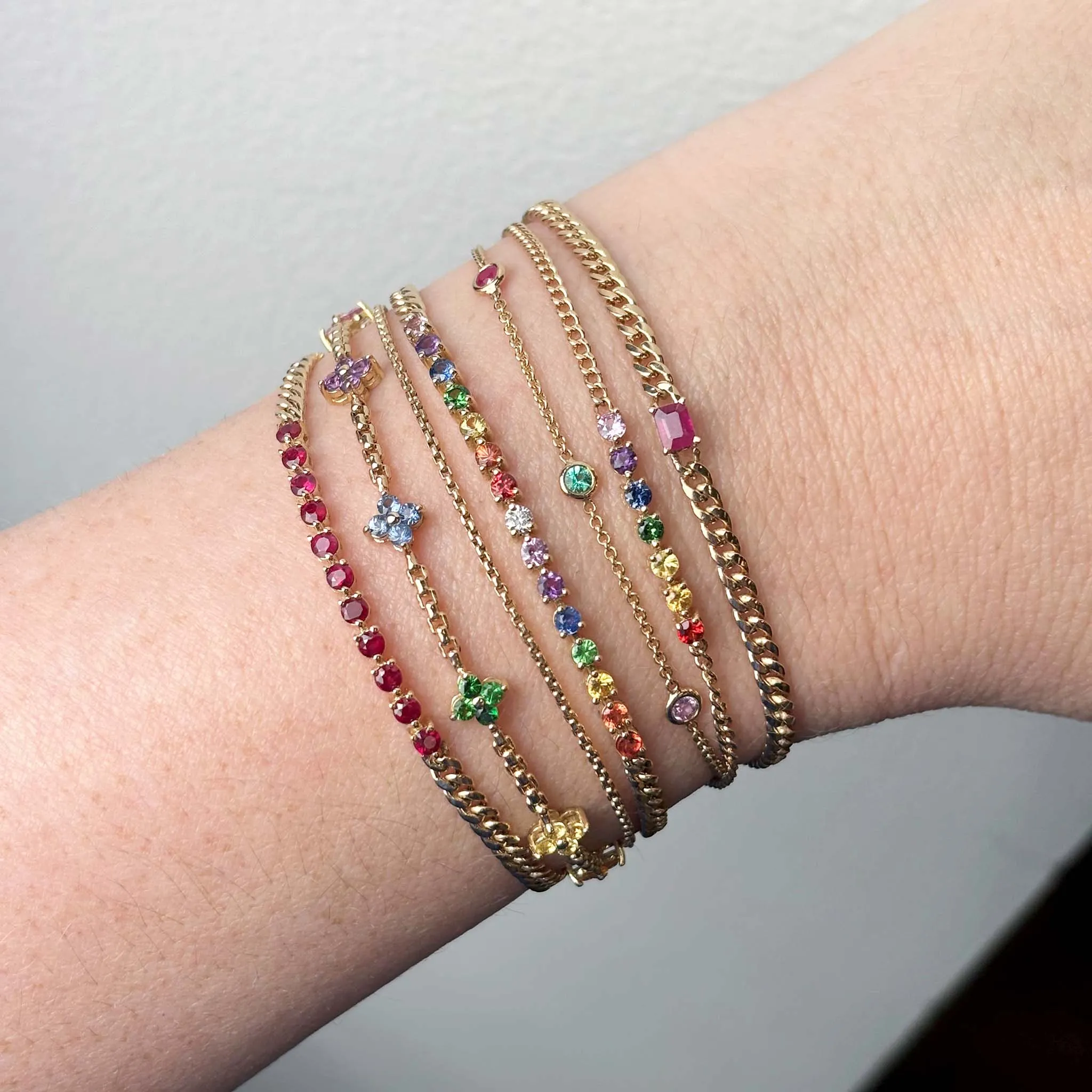 14k Emerald Cut Ruby Small Curb Chain Bracelet