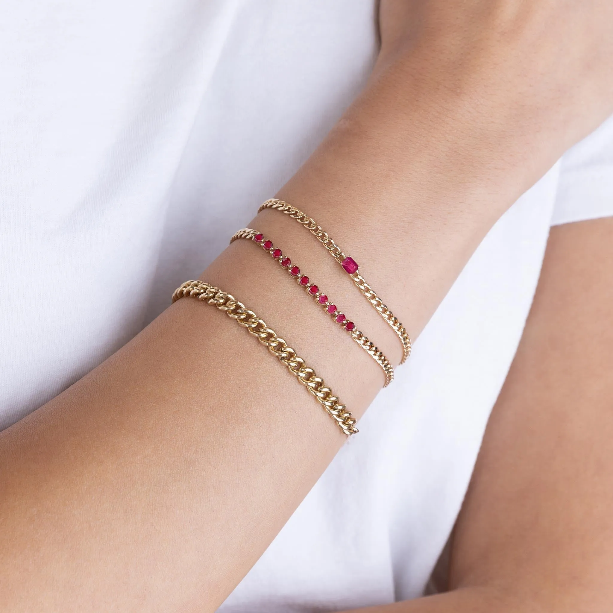 14k Emerald Cut Ruby Small Curb Chain Bracelet