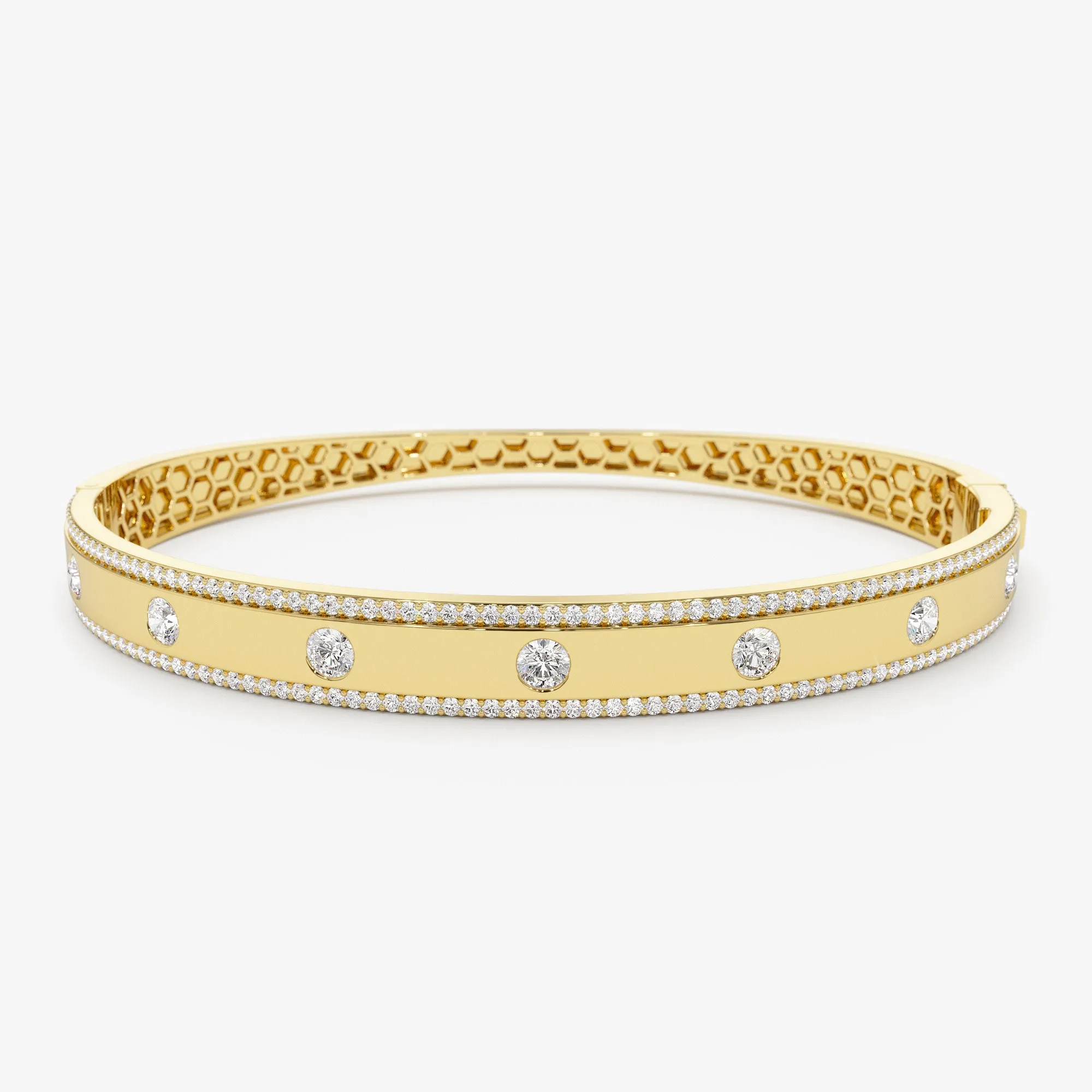 14K Flush Set Diamond Bangle with Pave Edges
