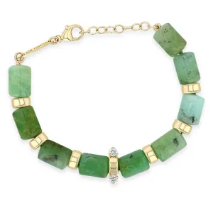 14k Gold & Chrysoprase Tube Bead Bracelet with 2 Prong Diamonds