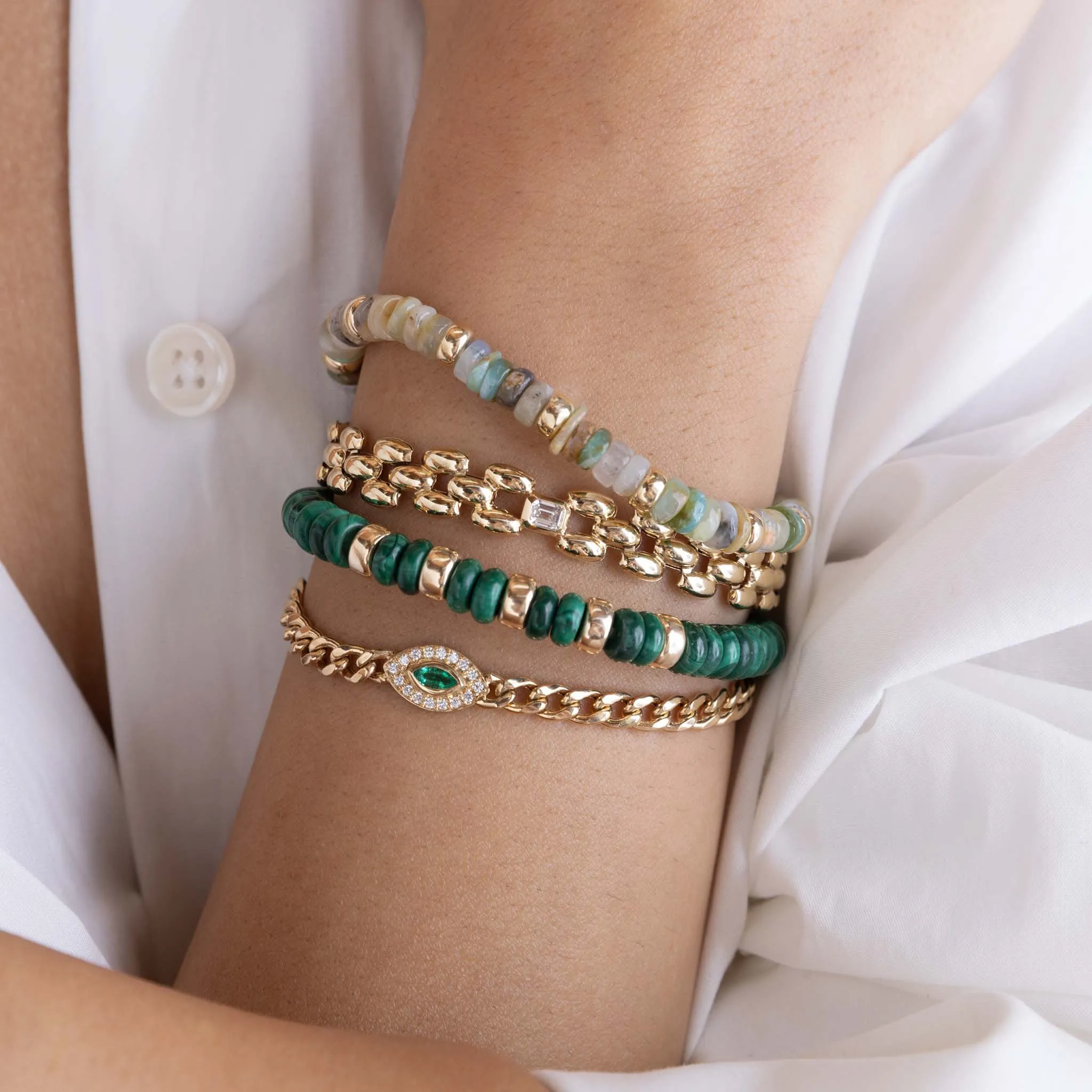 14k Medium Curb Chain Marquise Emerald Halo Bracelet