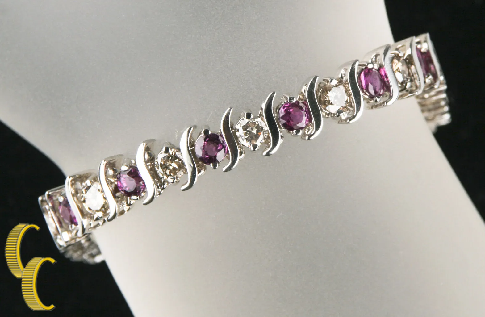 14k White Gold Diamond & Ruby "S" Link Bracelet Size 7.25" Gift for Her!