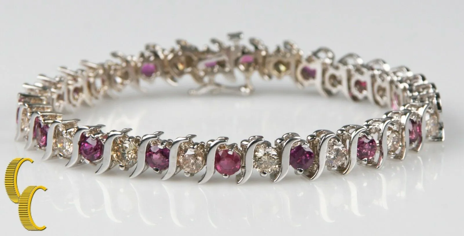 14k White Gold Diamond & Ruby "S" Link Bracelet Size 7.25" Gift for Her!