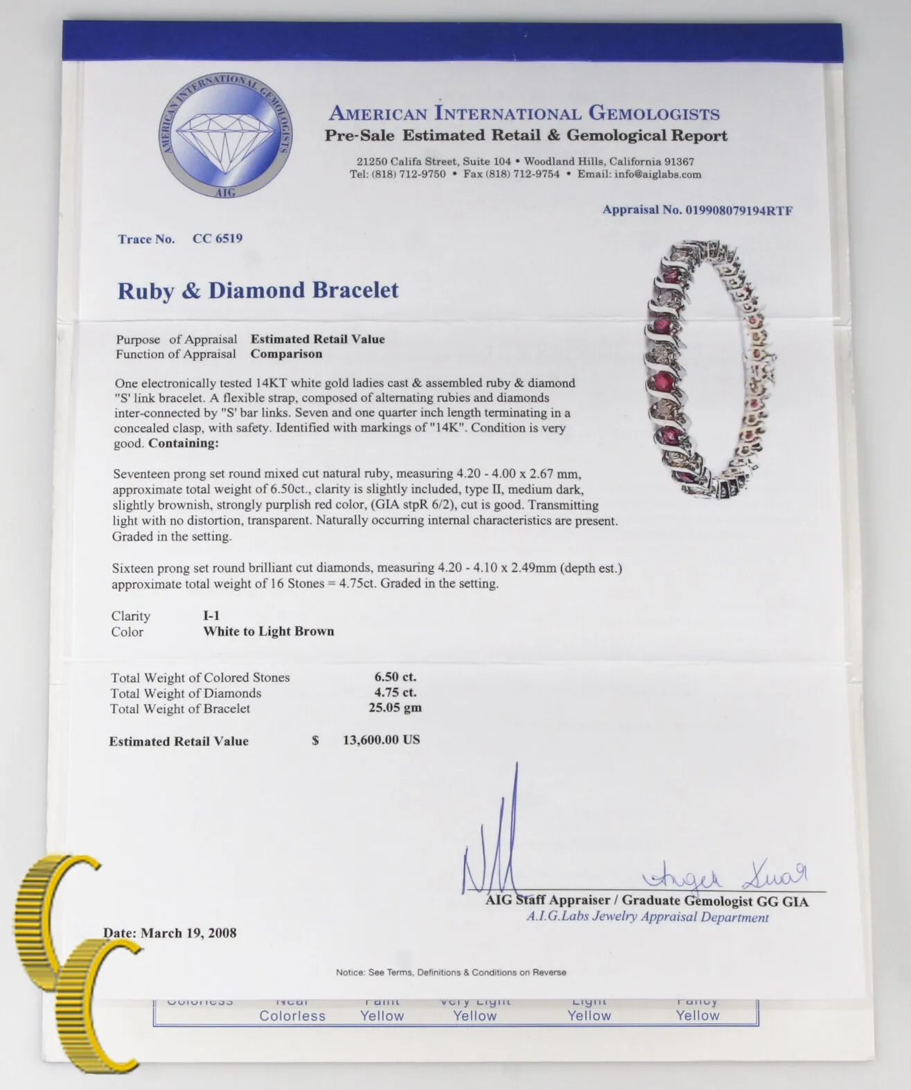14k White Gold Diamond & Ruby "S" Link Bracelet Size 7.25" Gift for Her!