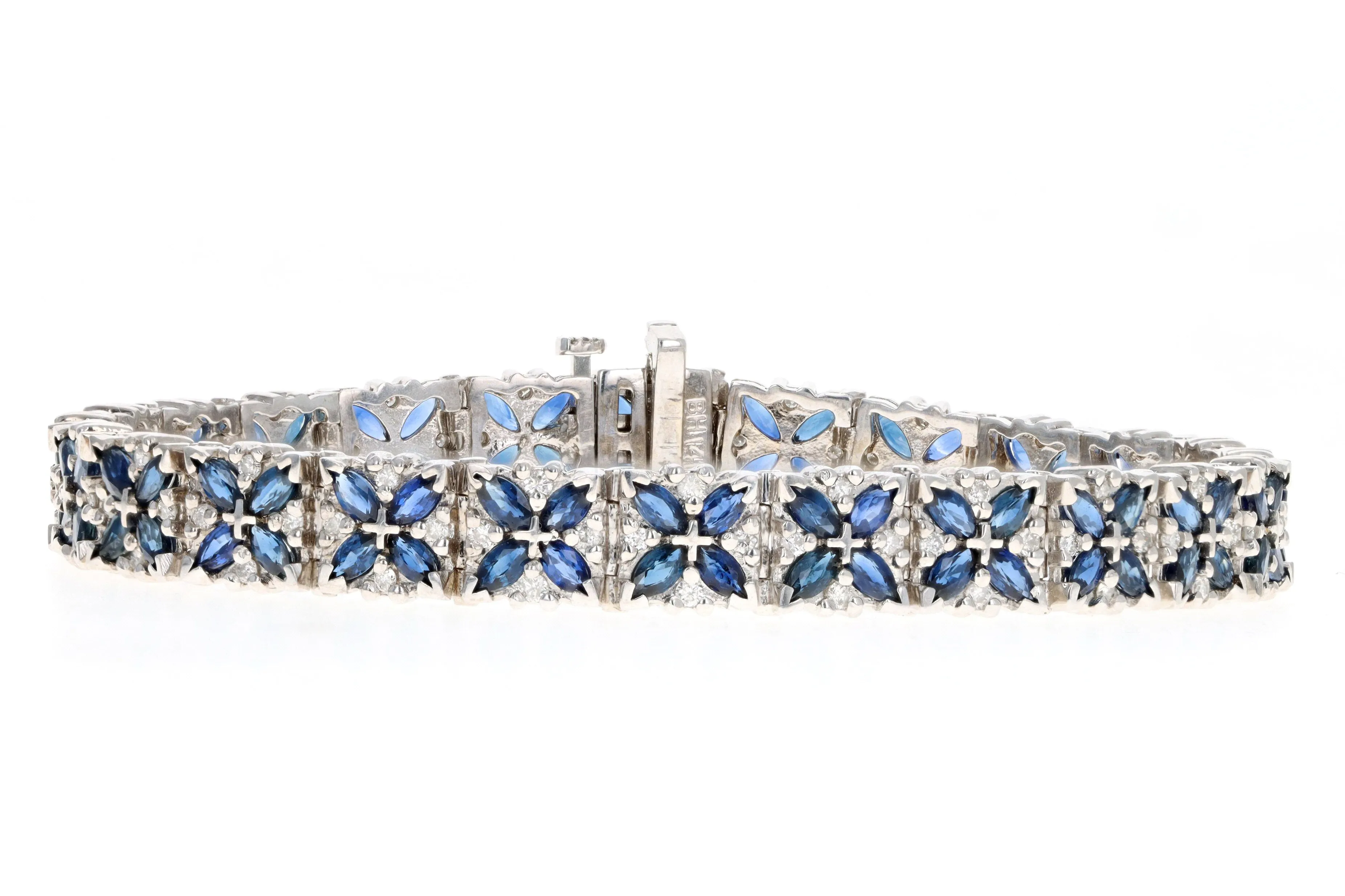 14K White Gold Marquise Natural Sapphire & Diamond Flower Bracelet