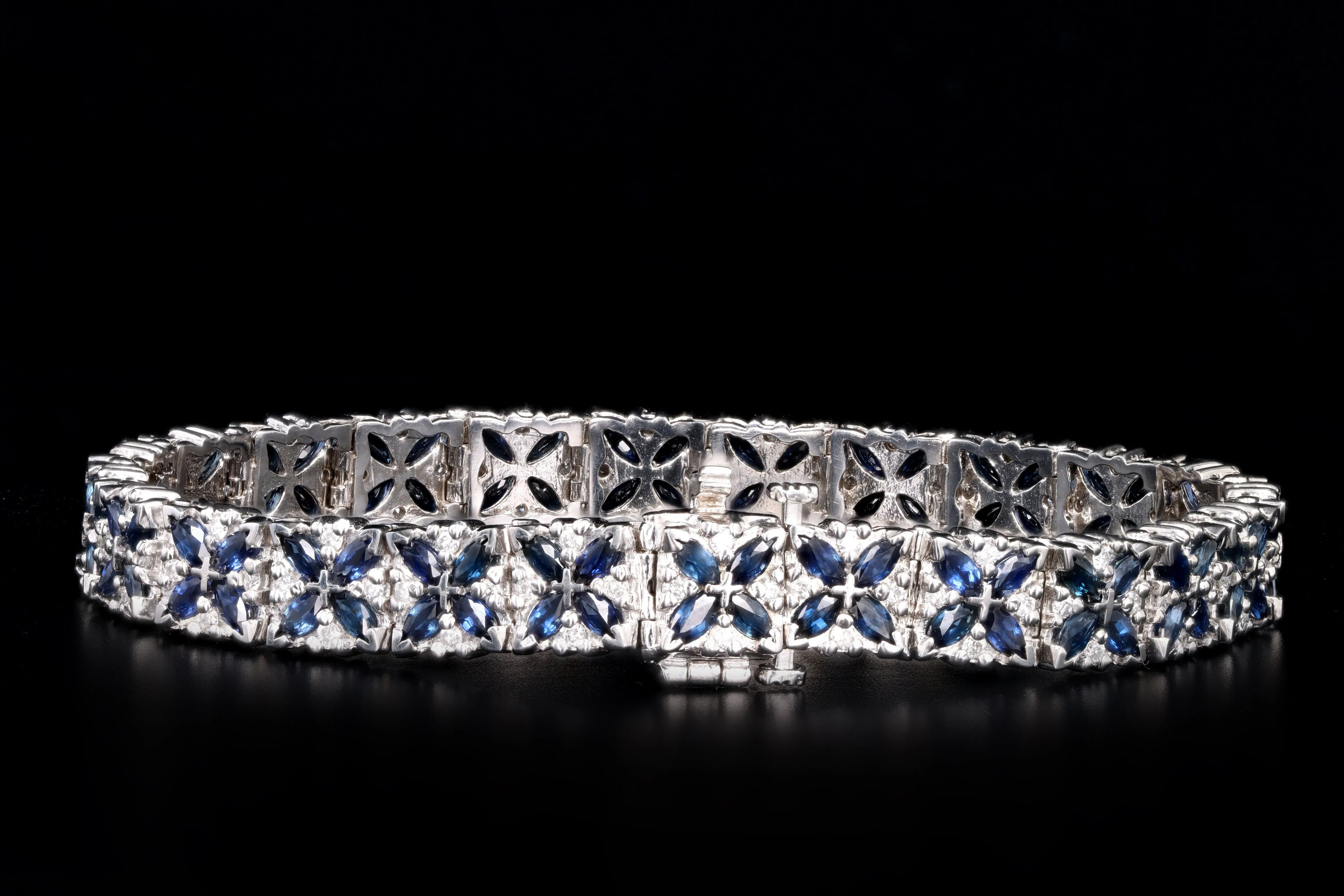 14K White Gold Marquise Natural Sapphire & Diamond Flower Bracelet