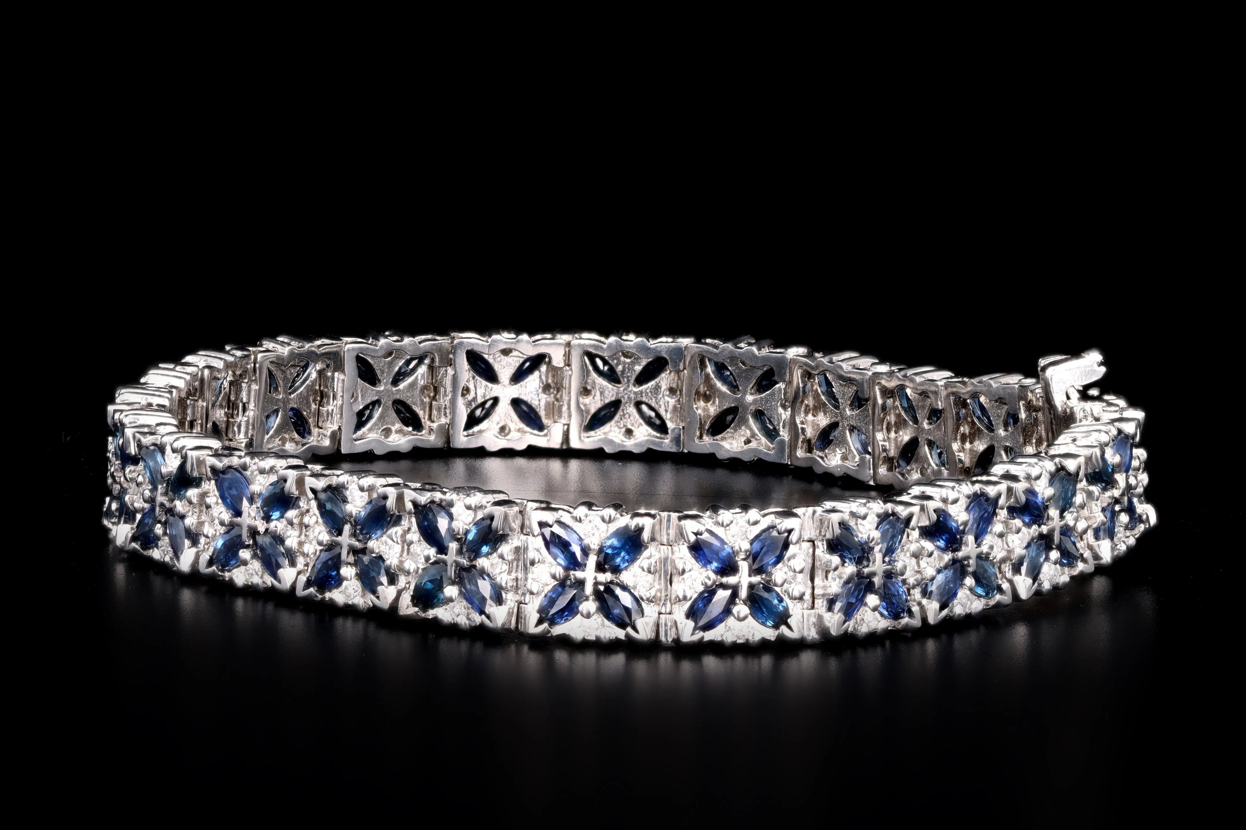 14K White Gold Marquise Natural Sapphire & Diamond Flower Bracelet