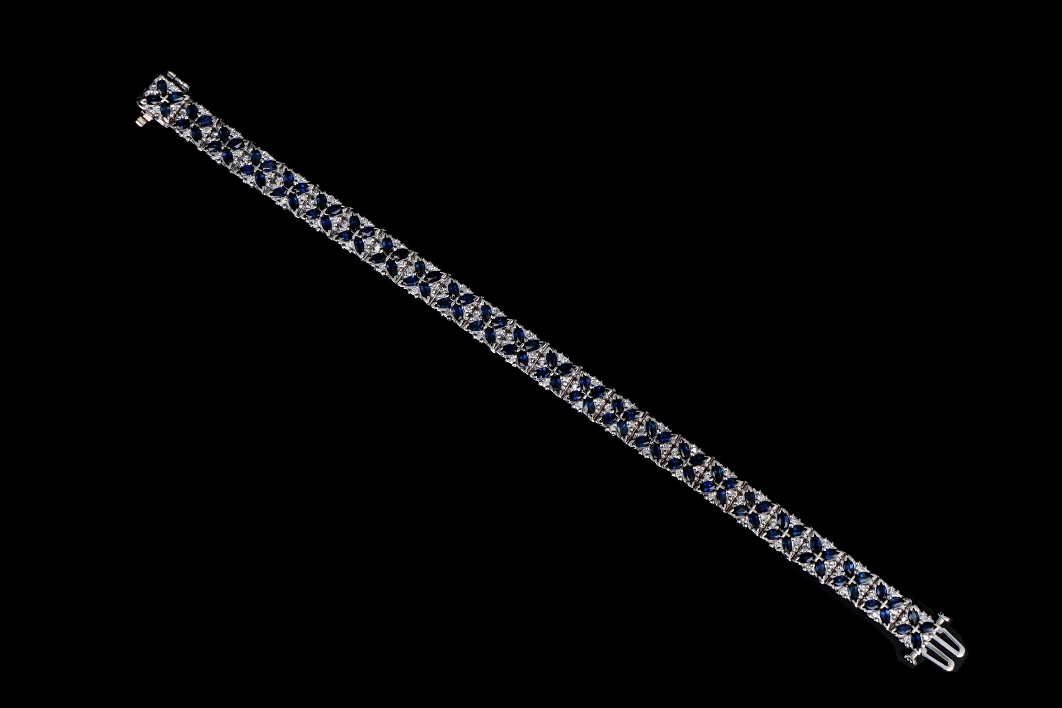 14K White Gold Marquise Natural Sapphire & Diamond Flower Bracelet