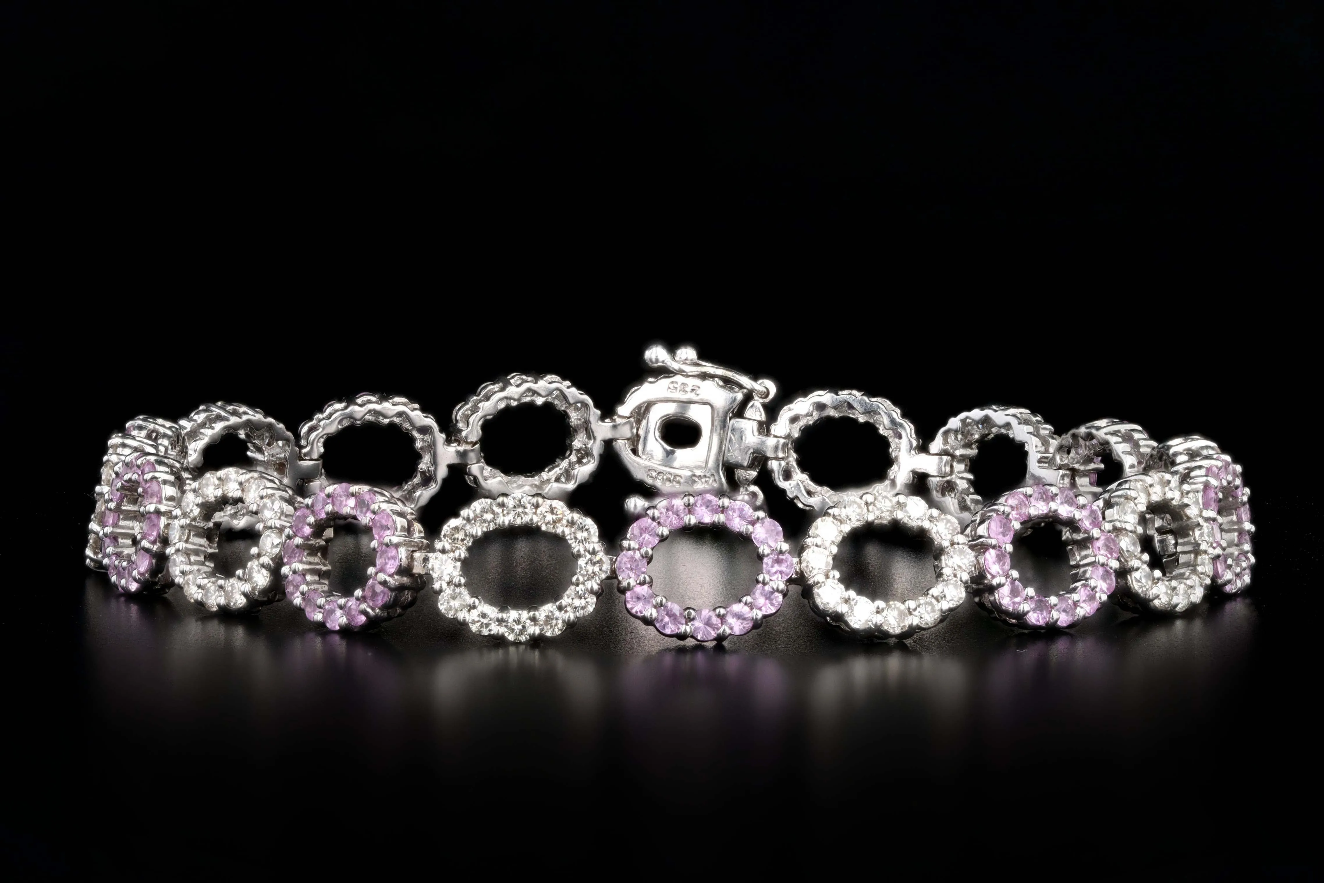 14K White Gold Natural Pink Sapphire & Diamond Oval Link Bracelet