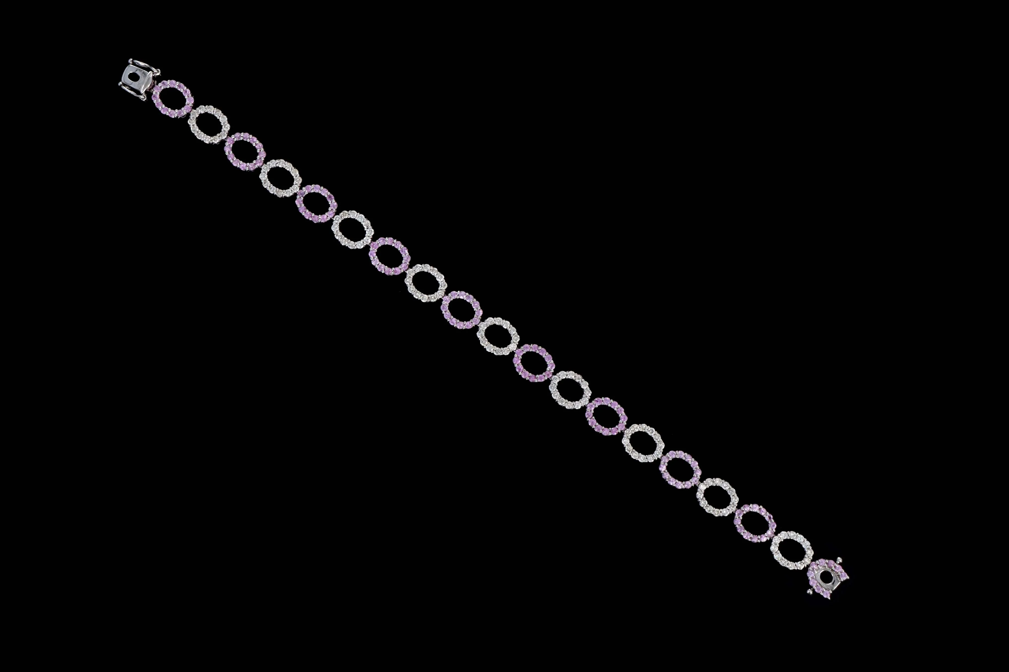 14K White Gold Natural Pink Sapphire & Diamond Oval Link Bracelet