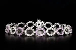 14K White Gold Natural Pink Sapphire & Diamond Oval Link Bracelet