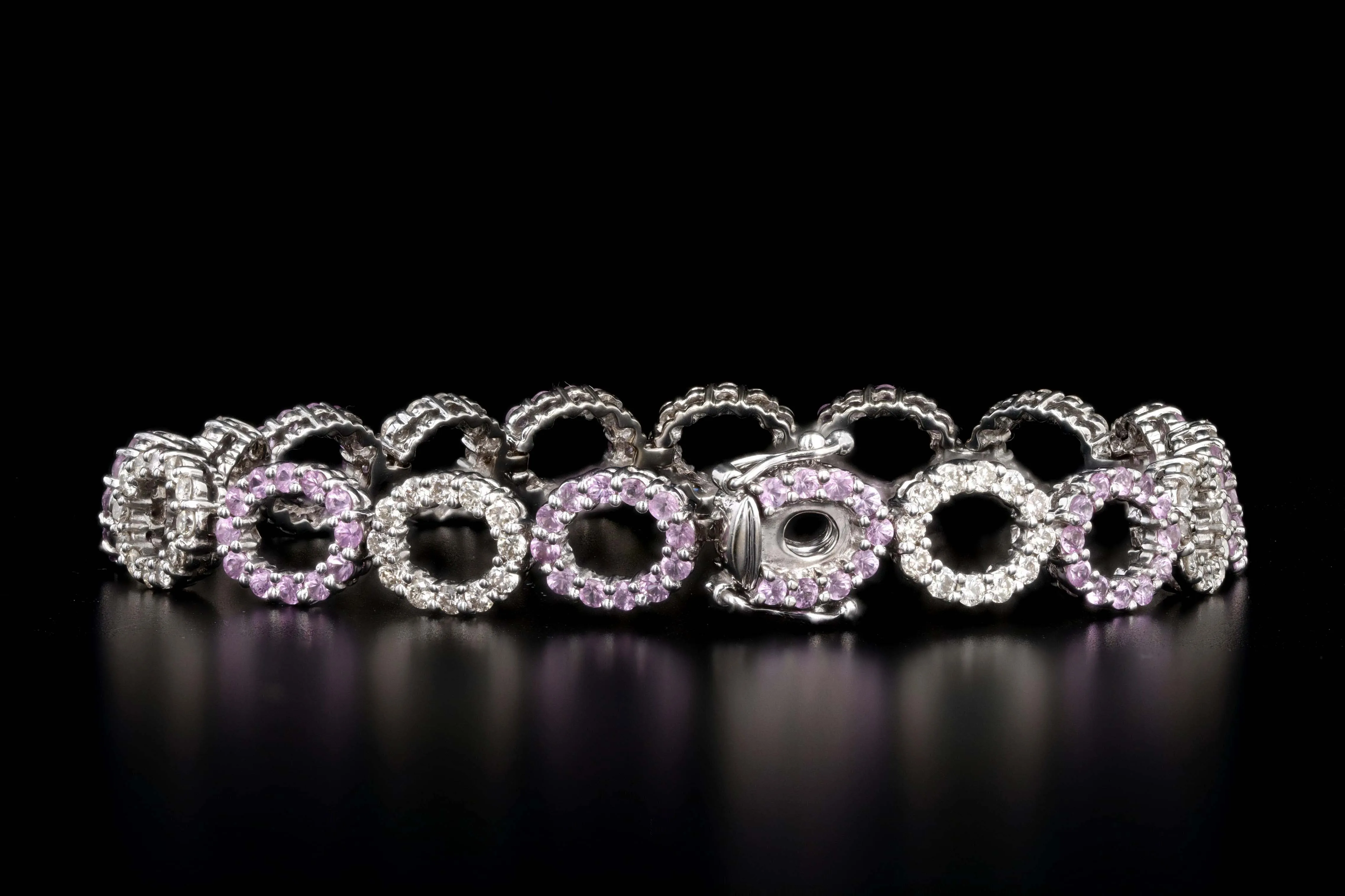 14K White Gold Natural Pink Sapphire & Diamond Oval Link Bracelet