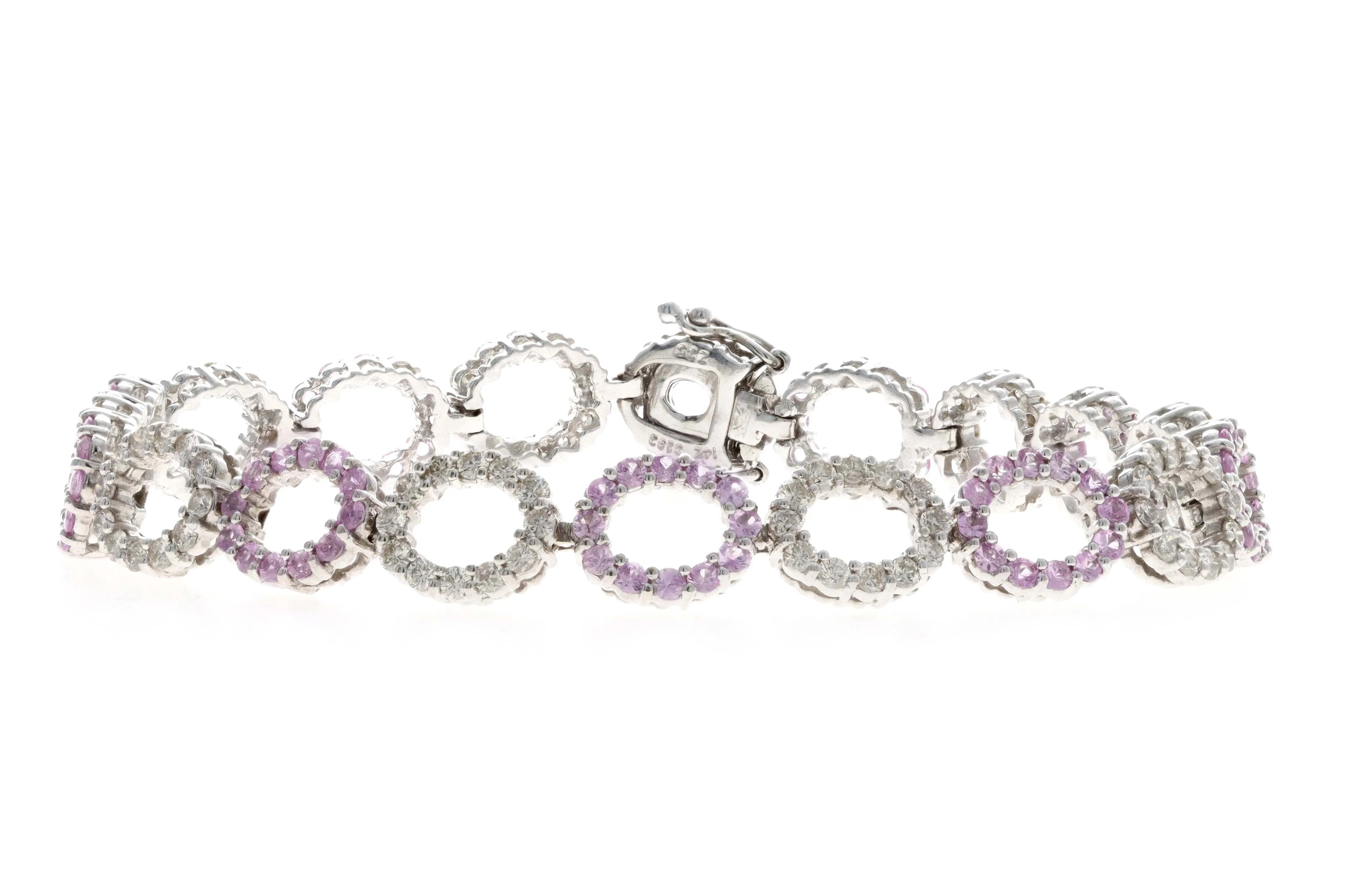 14K White Gold Natural Pink Sapphire & Diamond Oval Link Bracelet