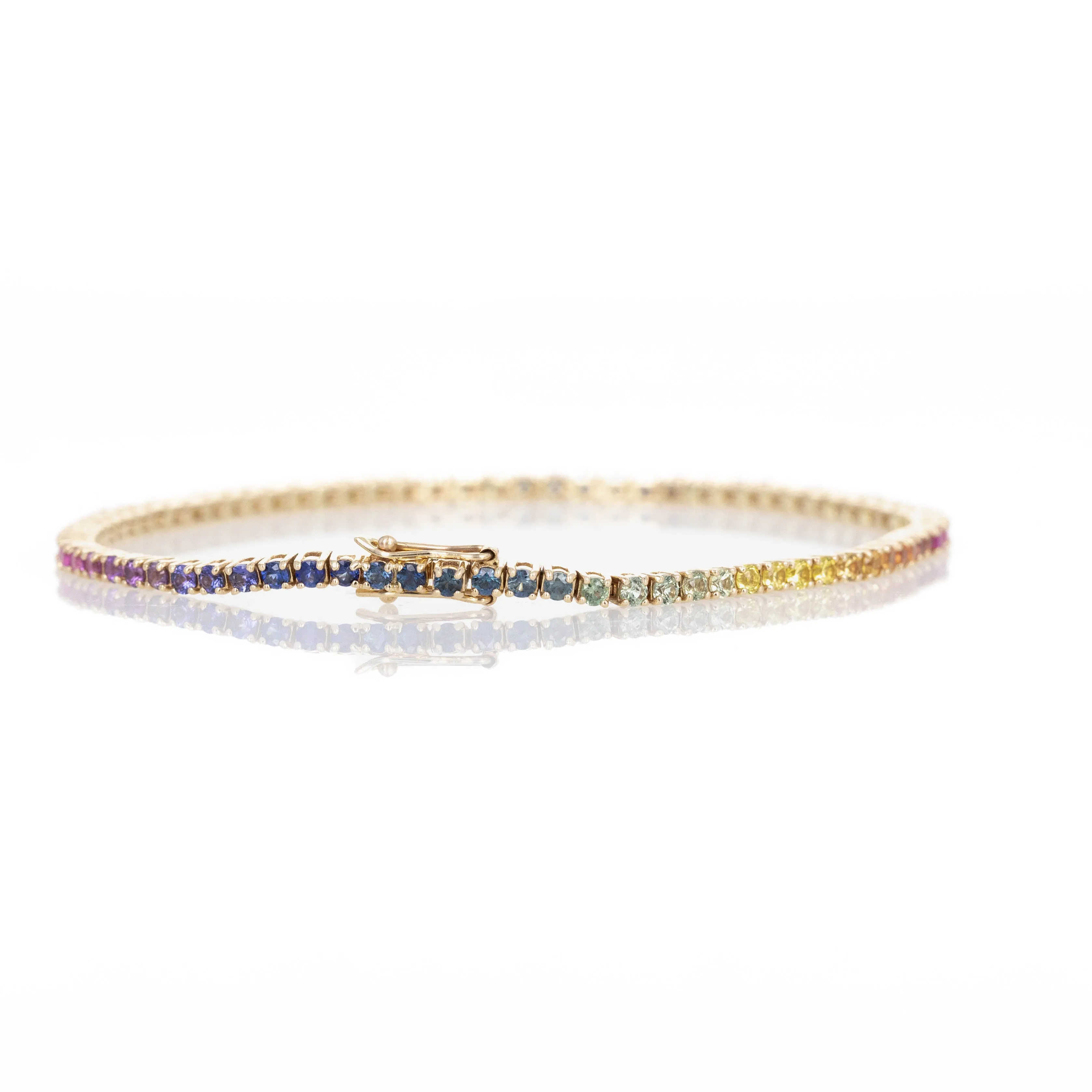 14K Yellow Gold 3.38 Carat Round Multi-Color Sapphire Tennis Bracelet
