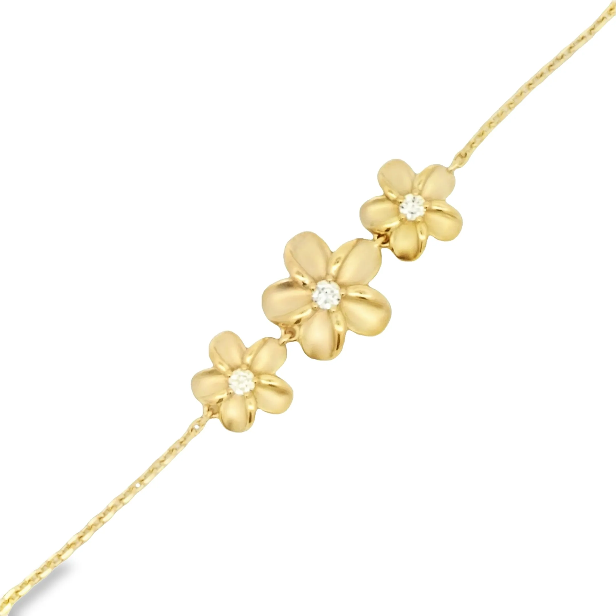 14k Yellow Gold Triple Plumeria .20cttw Diamond Bracelet 6.5-7.5"