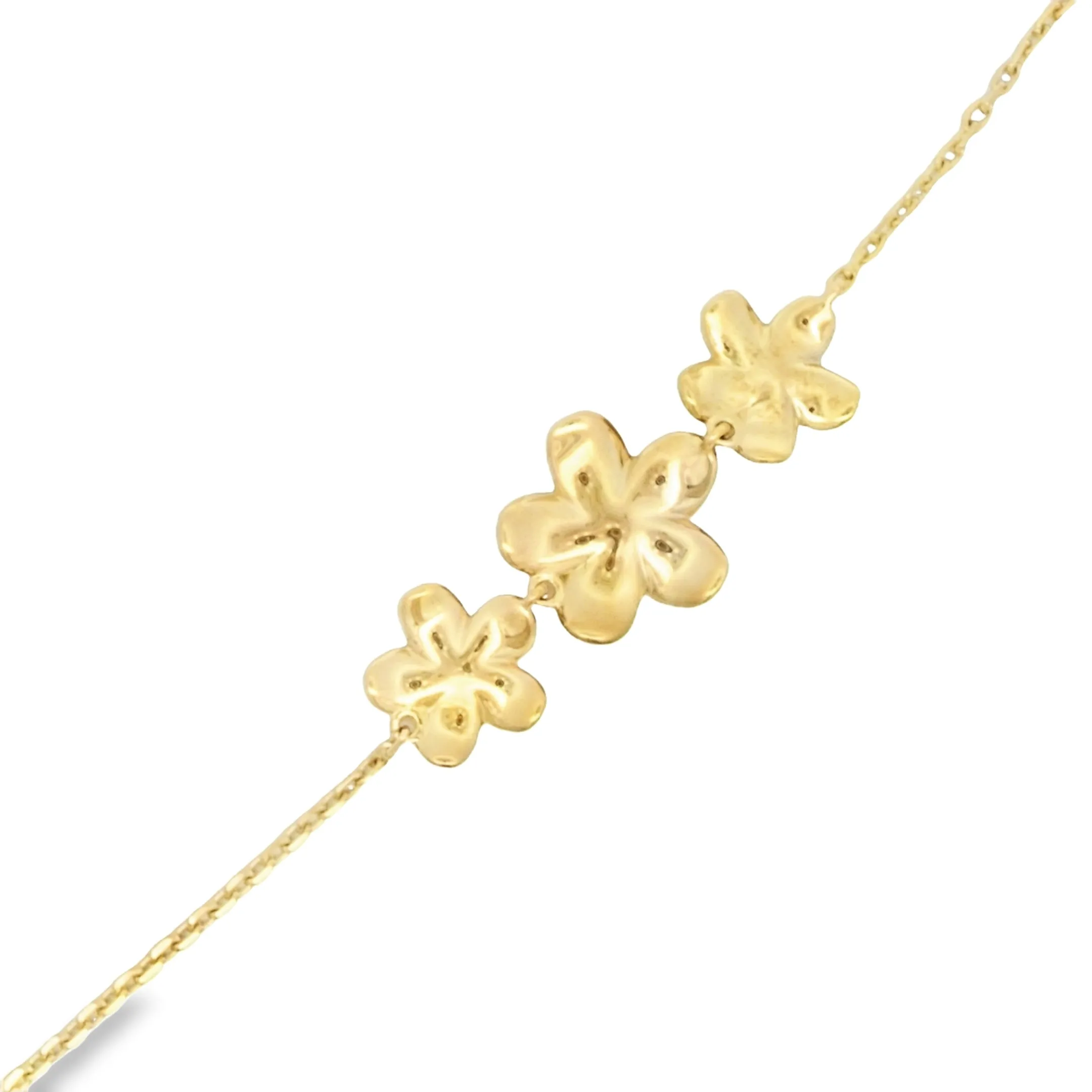 14k Yellow Gold Triple Plumeria .20cttw Diamond Bracelet 6.5-7.5"