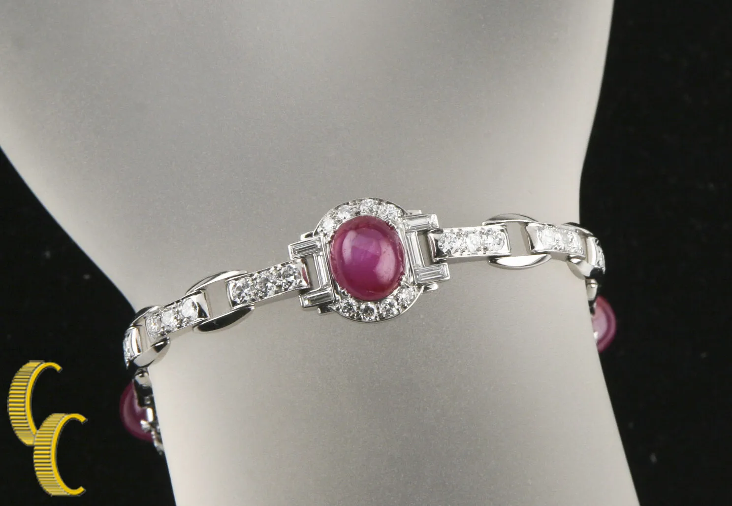 16.00 carat Star Ruby and Diamond 18k White Gold Bracelet 6.5 inches