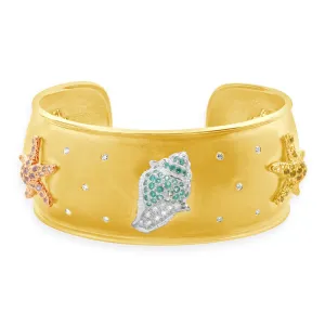 18 Karat Yellow Gold Multi Colored Sapphire and Diamond Sea Life Cuff Bracelet