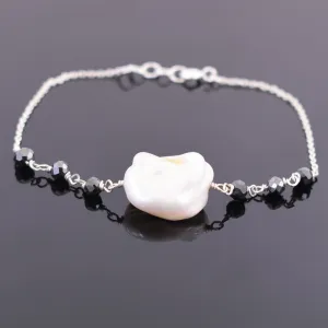 18.05 Ct Certified Black Diamond Chain Bracelet With Baroque Pearl