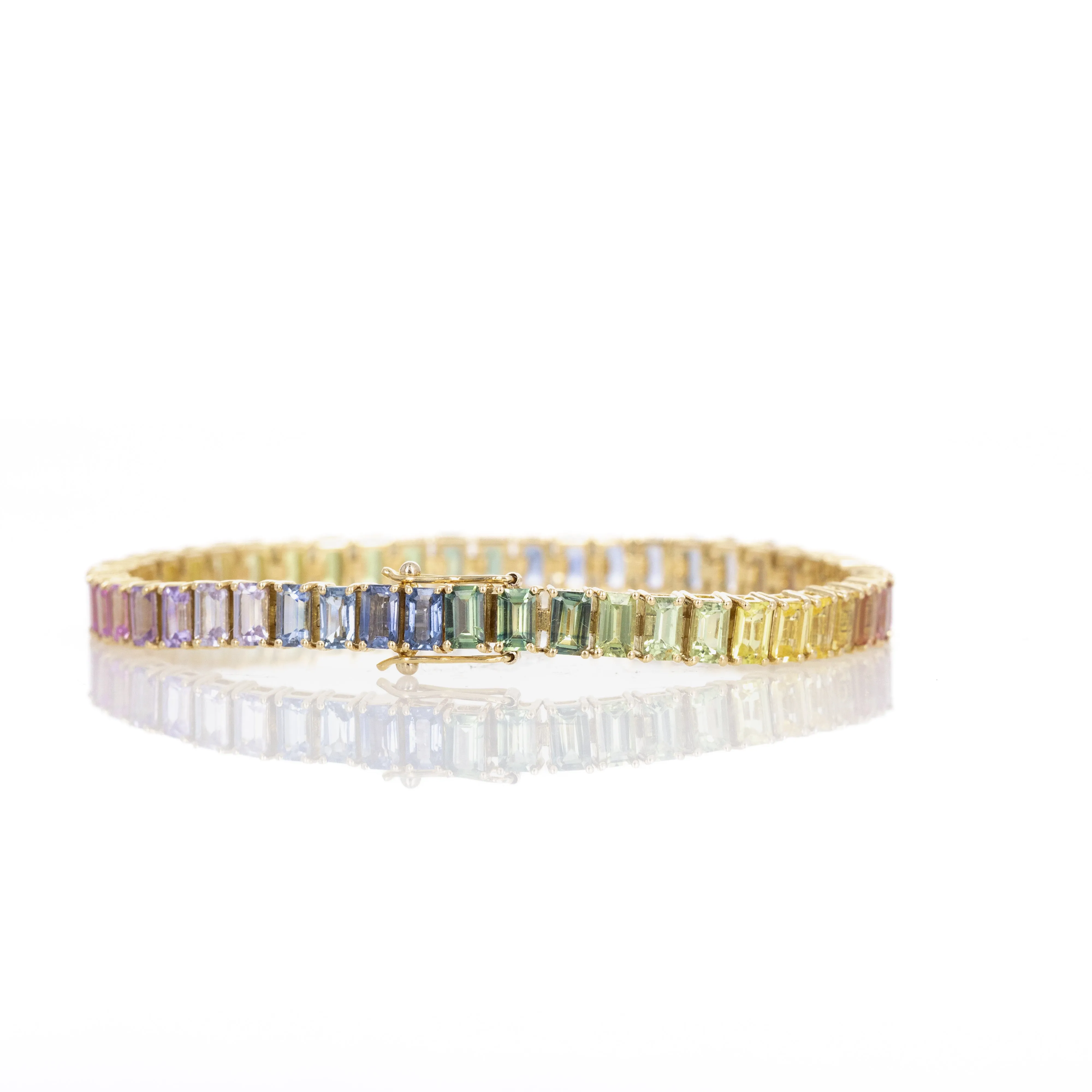 18K Yellow Gold 16.86 Carat Emerald Cut Multi-Color Sapphire Tennis Bracelet