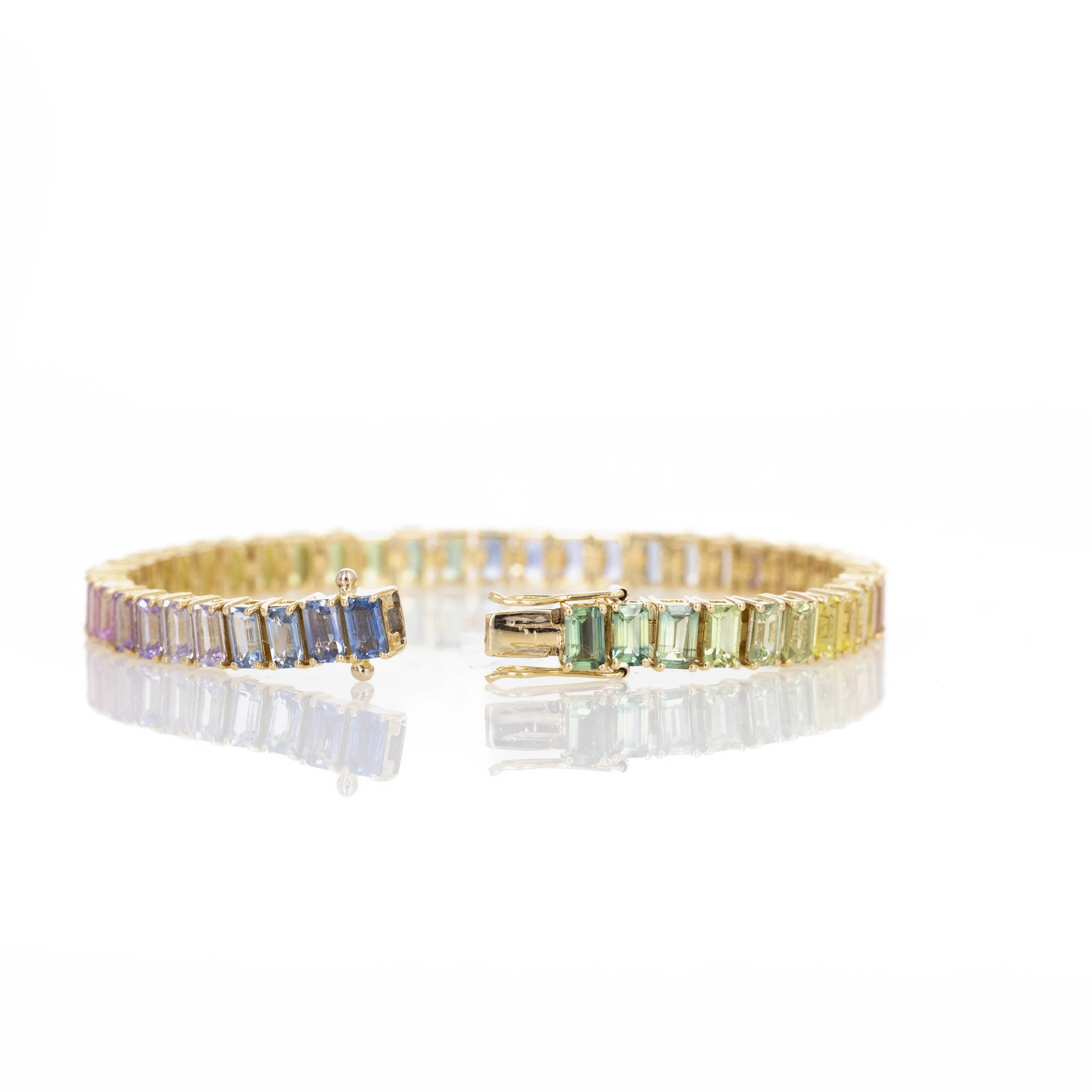 18K Yellow Gold 16.86 Carat Emerald Cut Multi-Color Sapphire Tennis Bracelet
