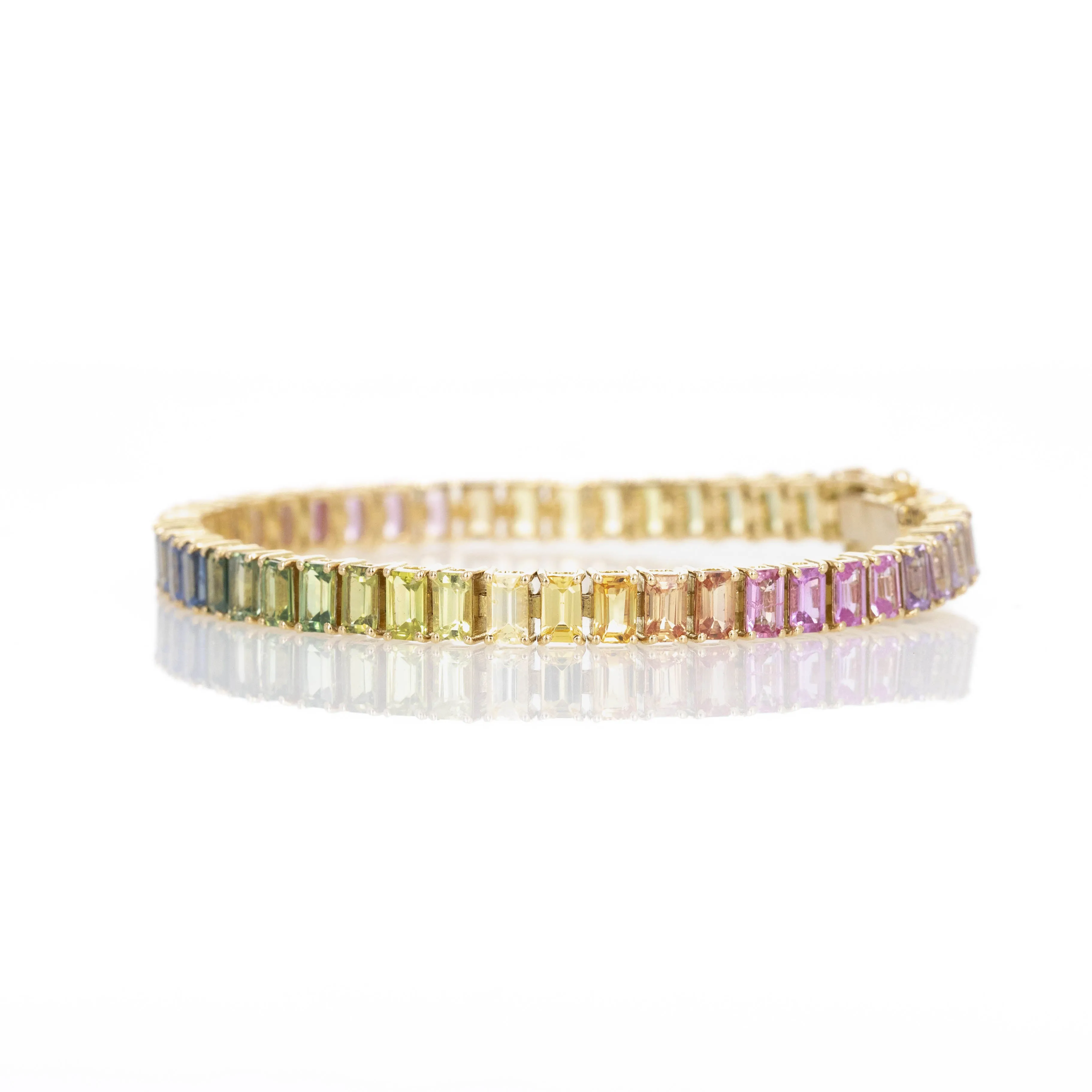 18K Yellow Gold 16.86 Carat Emerald Cut Multi-Color Sapphire Tennis Bracelet