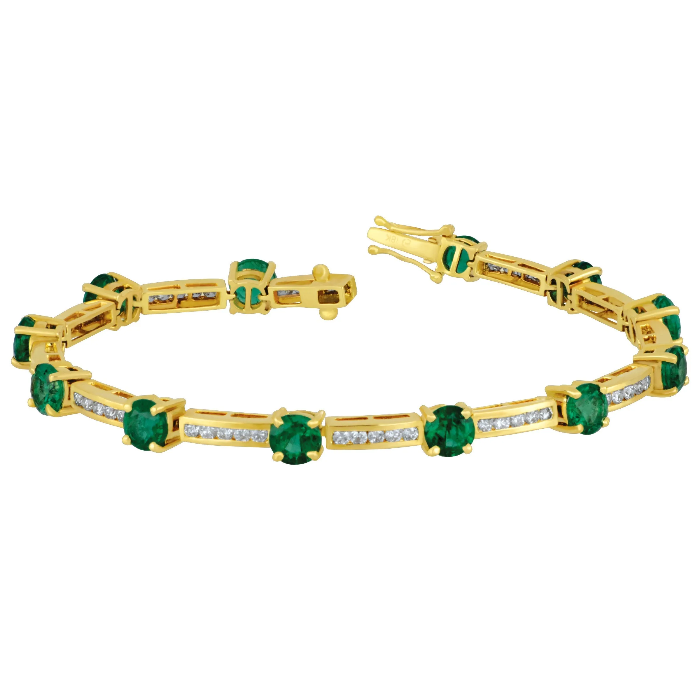 18k Yellow Gold Round Emerald Bracelet 7" (12-EM=6.77TW CHAN SET D=1.29TW GH/SI)