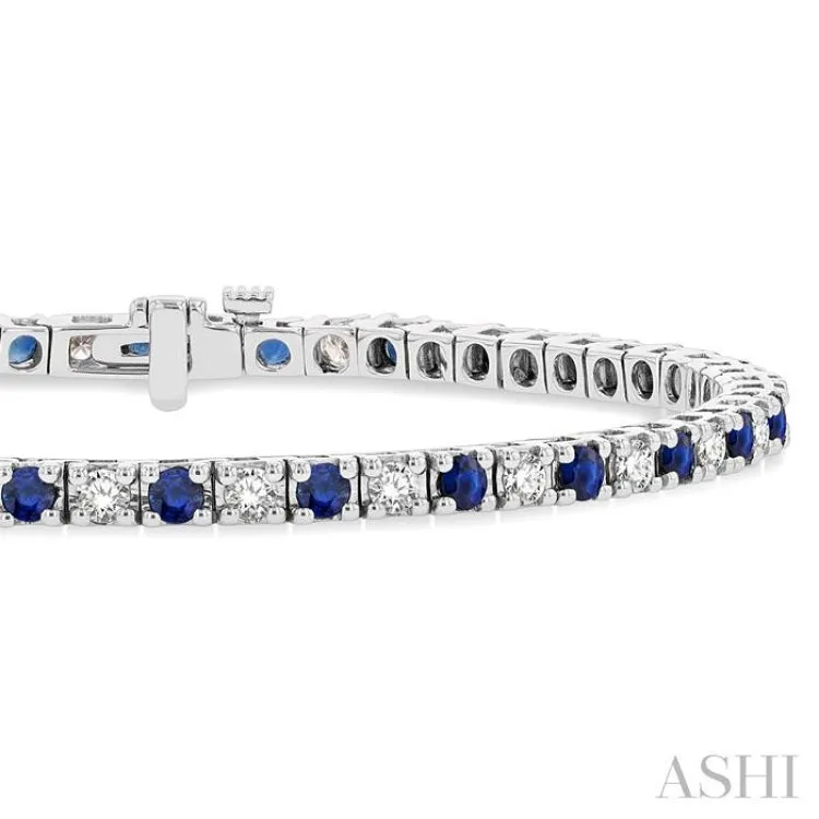 2.5 MM Sapphire and 1 1/2 ctw Round Cut Diamond Square Box Link Precious Tennis Bracelet in 14K White Gold