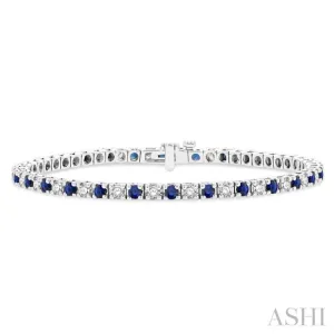 2.5 MM Sapphire and 1 1/2 ctw Round Cut Diamond Square Box Link Precious Tennis Bracelet in 14K White Gold