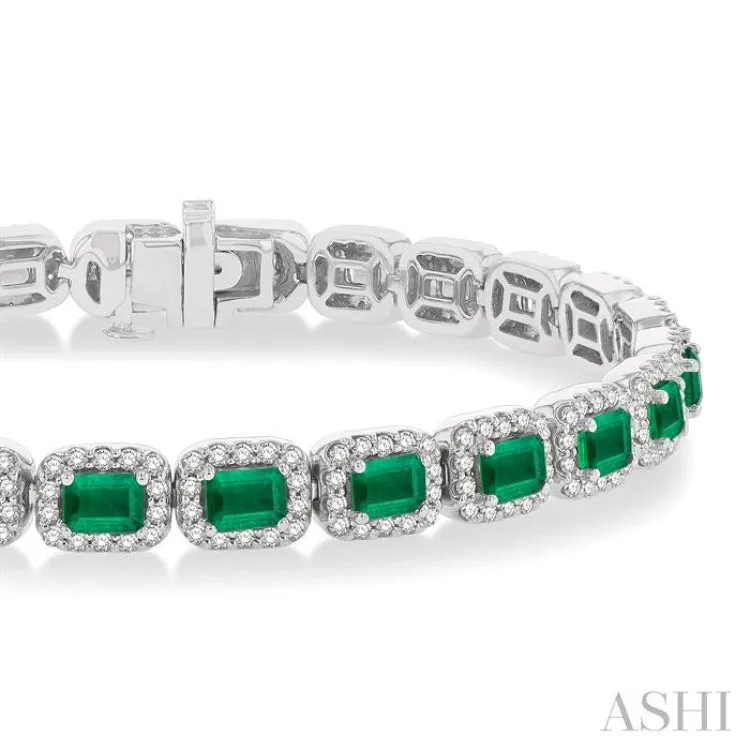 4X3 MM Emerald Cut Emerald and 2 1/5 ctw Round Cut Diamond Halo Precious Bracelet in 14K White Gold
