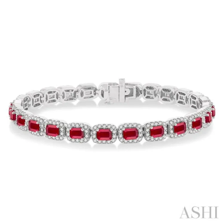 4X3 MM Emerald Cut Ruby and 2 1/5 ctw Round Cut Diamond Halo Precious Bracelet in 14K White Gold