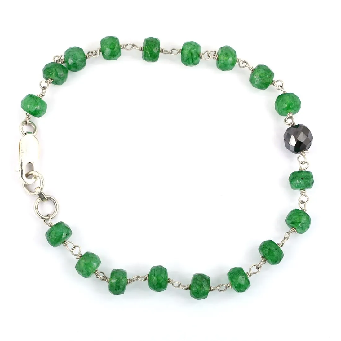 5 mm Emerald Gemstone Chain Bracelet With 7 mm Black Bead,  AAA Certified