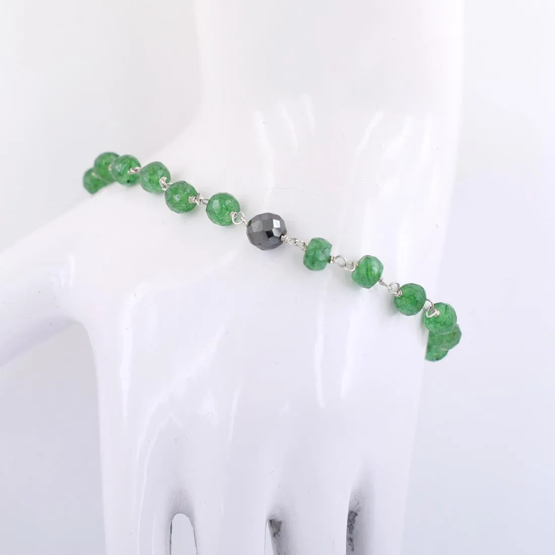 5 mm Emerald Gemstone Chain Bracelet With 7 mm Black Bead,  AAA Certified