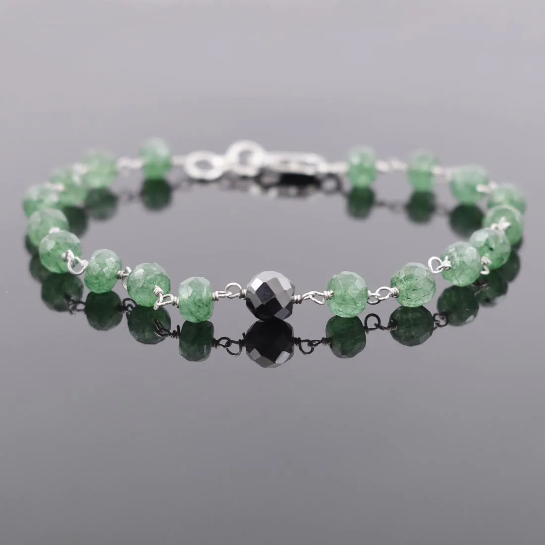 5 mm Emerald Gemstone Chain Bracelet With 7 mm Black Bead,  AAA Certified