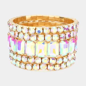 5 Pieces - AB Stone Stretch Multi Layered Pageant Bracelets on Gold | Prom Jewelry |  564237