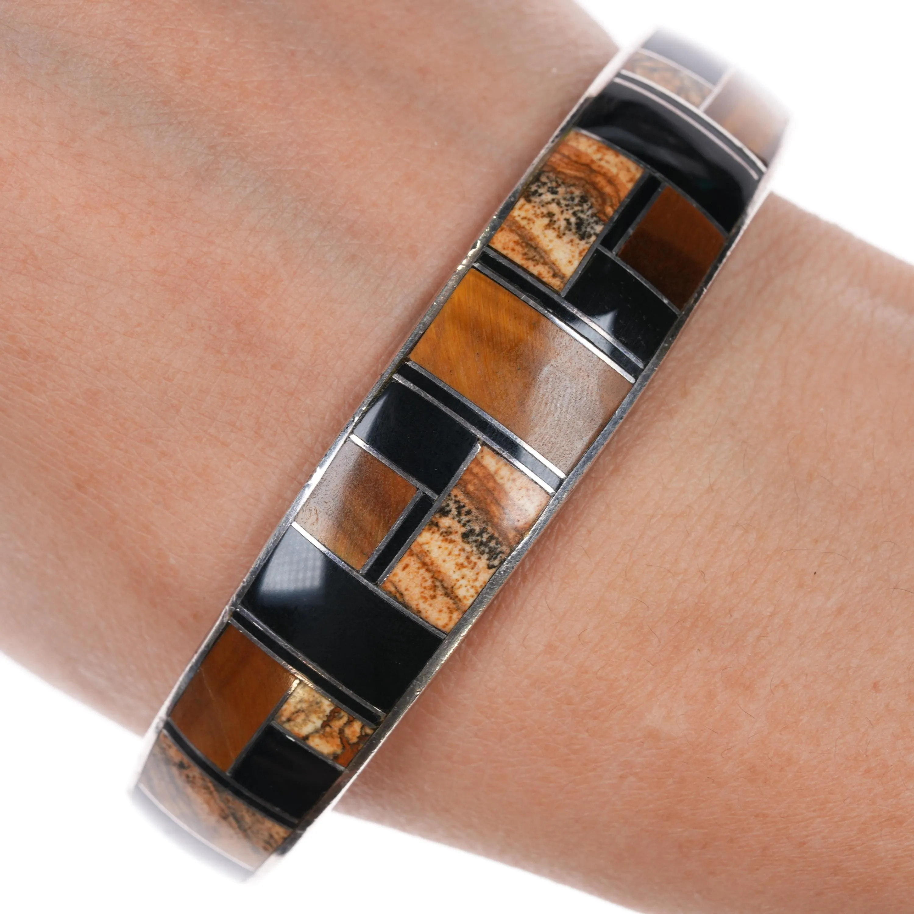 7.12" Chee-Supersmiths David Rosales Navajo silver petrified wood cuff bracelet