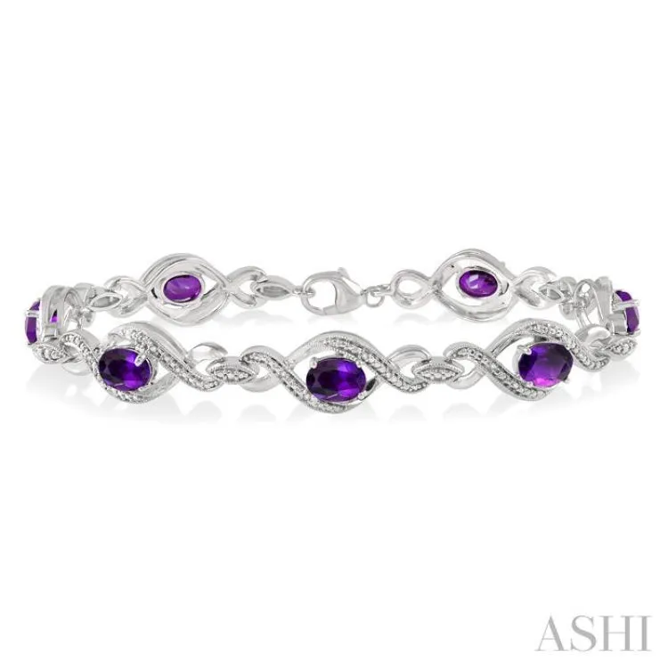 7x5 MM Oval Cut Amethyst and 1/10 ctw Round Cut Diamond Semi Precious Bracelet in Sterling Silver