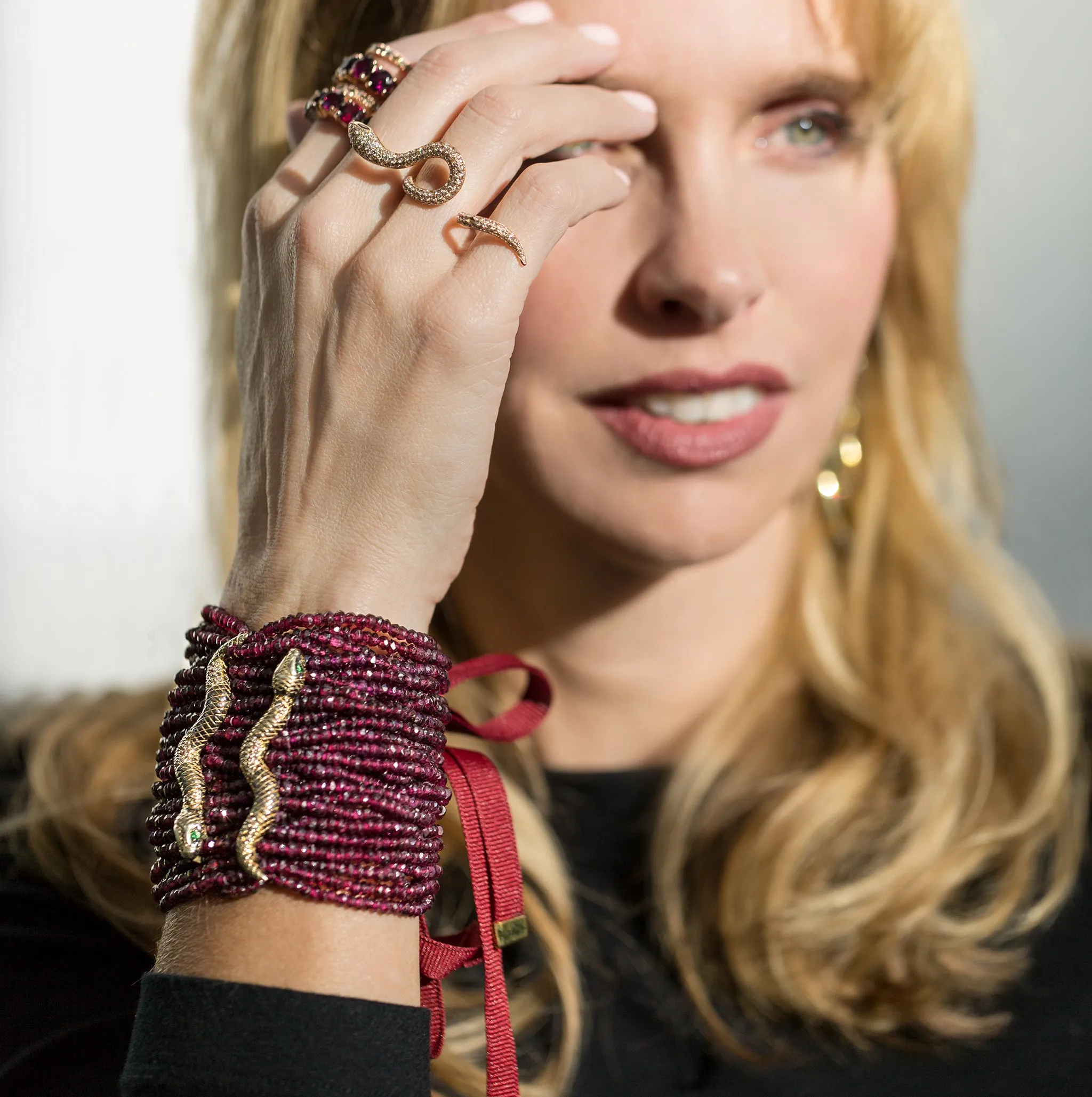 925 Silver Double-Snake Zinta Bracelet with Garnet & Diamond