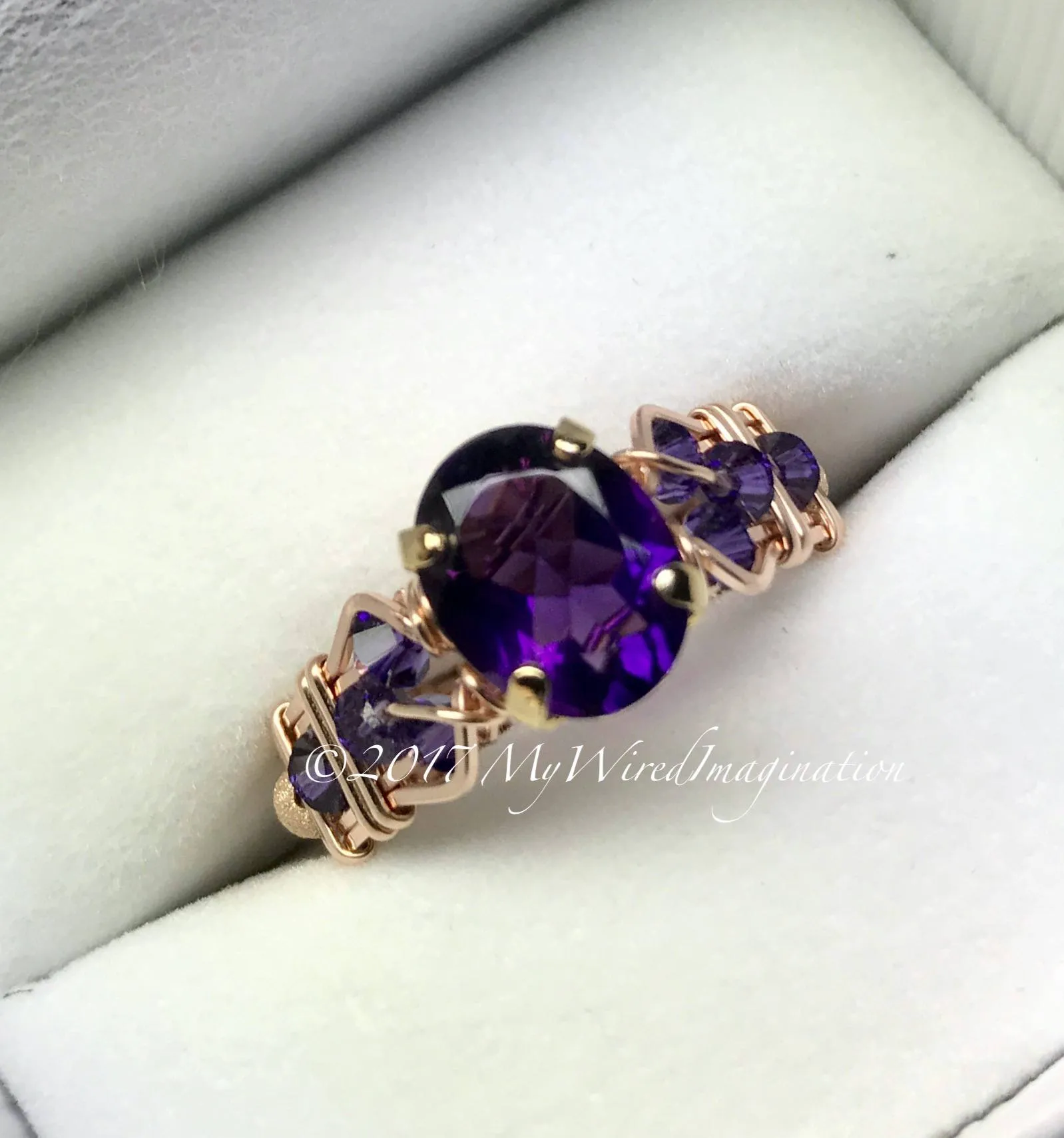 AAA Royal Amethyst Wire Wrapped Ring, February Birthstone Ring, 14K GF US Size 7.5