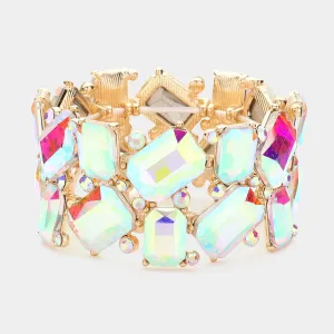 AB Offset Rectangle Crystal Stretch Evening Bracelet on Gold| Chunky Bracelet |  623704