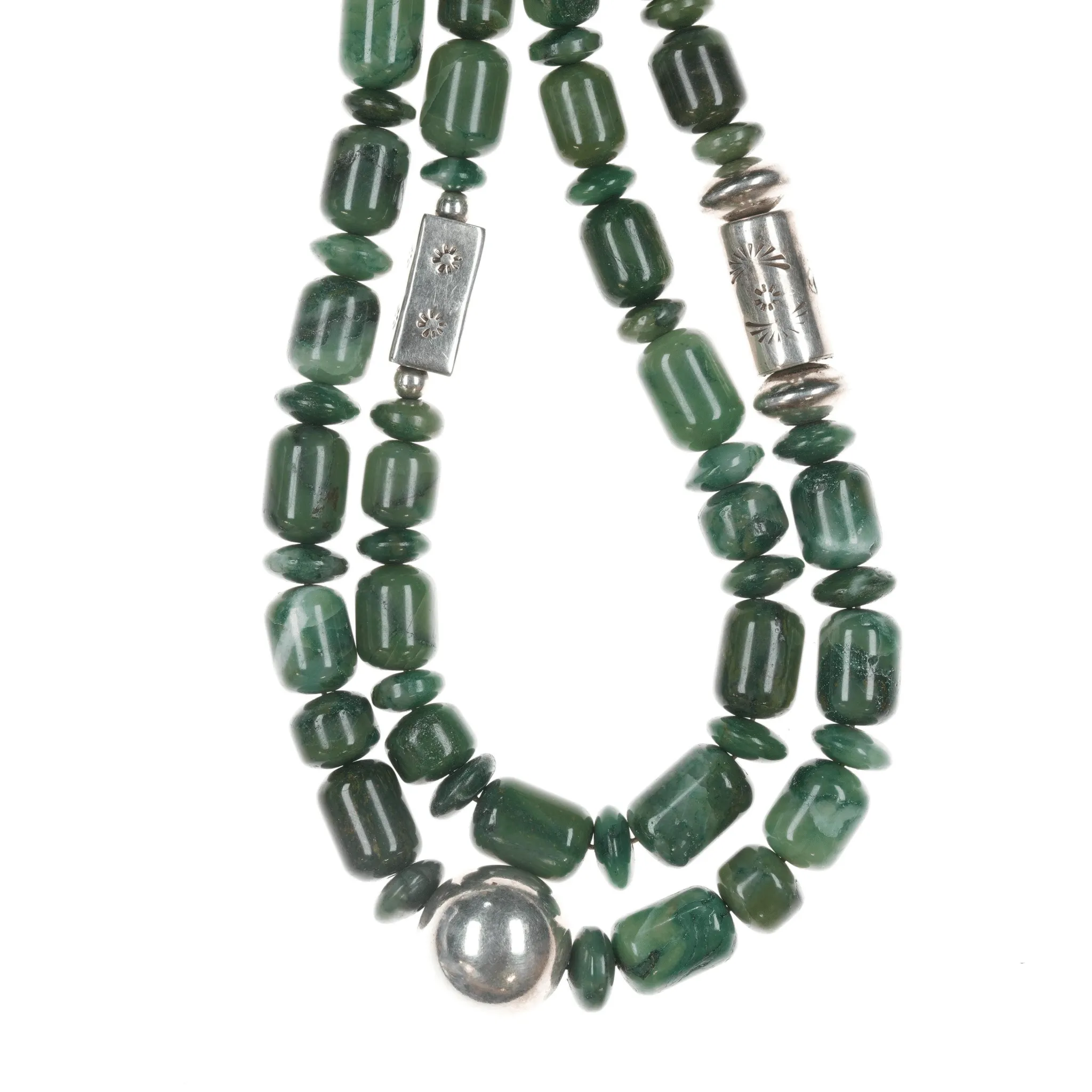 AMC Native American Sterling, turquoise, Montana Jade beaded necklace