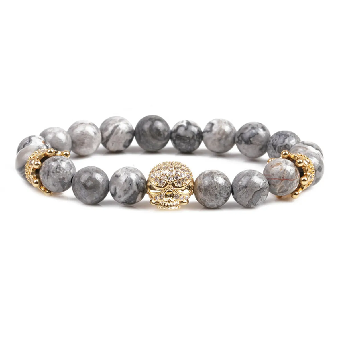 Amethyst & Cubic Zirconia Skull & Crown Beaded Stretch Bracelet