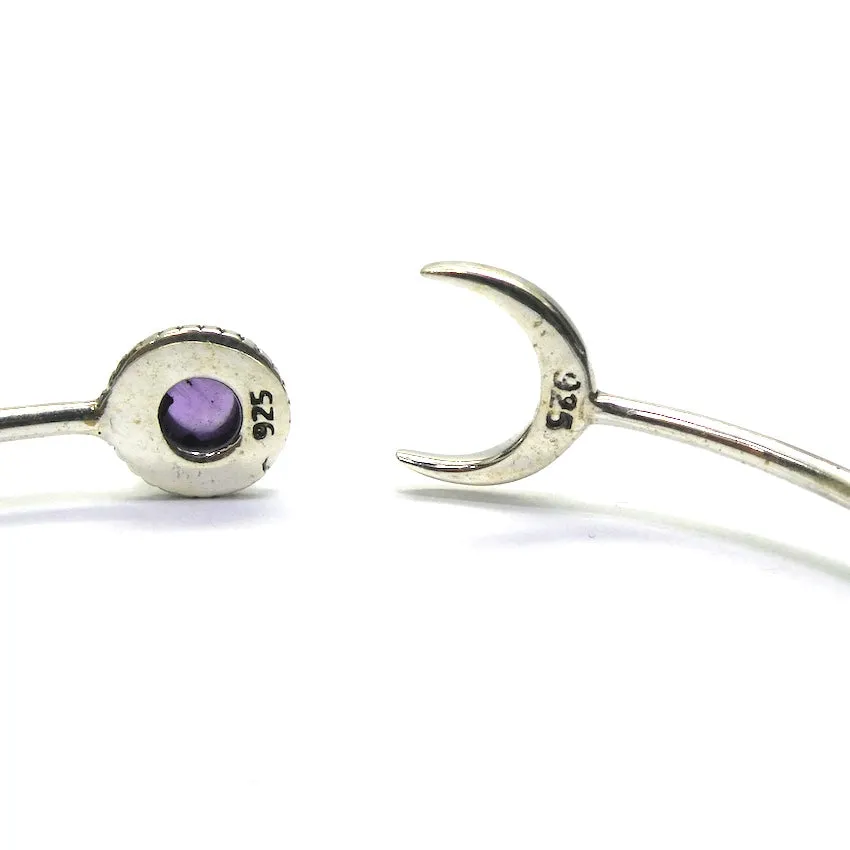 Amethyst Crescent Moon Cuff Bracelet, 925 Sterling Silver, ks