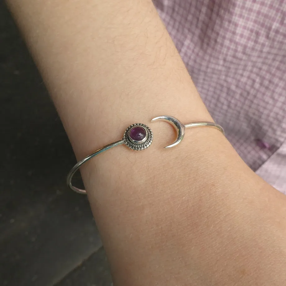 Amethyst Crescent Moon Cuff Bracelet, 925 Sterling Silver, ks